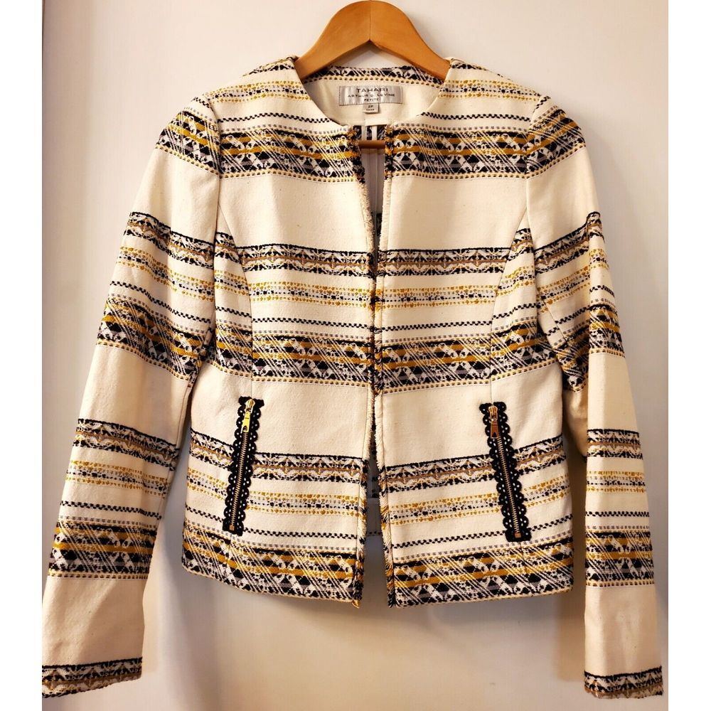 Tahari Open Blazer Jacket 2P Arthur S. Levine Woven Cream/Black/Gold Fringe Edge - Picture 3 of 10